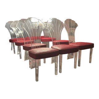Set of 10 Acrylic Lucite Modern Hollywood Regency Shell Back Grosfeld House Style Dining Side Chair in Red Faux Snakeskin Upholstery For Sale