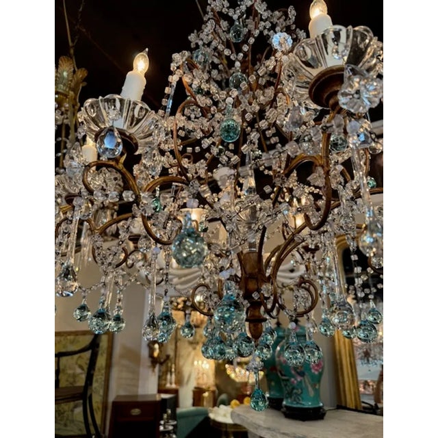 Gold Antique Italian Beaded Crystal Chandelier With Aqua Teardrops For Sale - Image 8 of 8