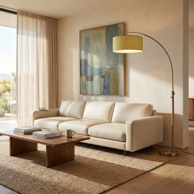 Peter Morelli's 1960 Float Arc Reimagined: A 75" Tall Brass Sculpture in Avocado Green Linen That Gives You Pendant Light...