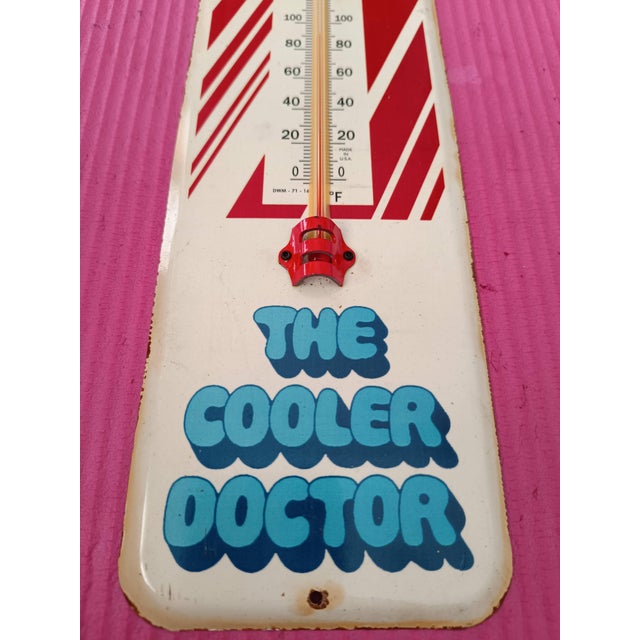 Brick Red Premium Vintage-Style "Dr. Wells - The Cooler Doctor" Hand-Painted Steel Thermometer Sign For Sale - Image 8 of 13