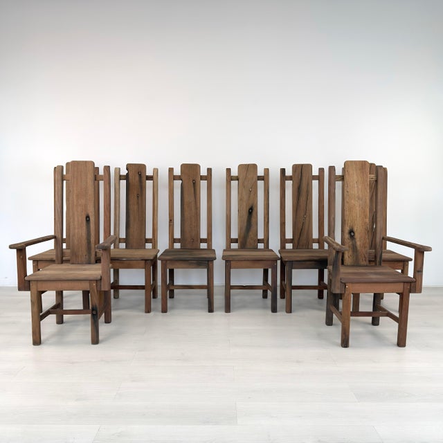 Dimensions: H 47.7” x W 18.5” x D 21” x SH 18.5” Armchair - H 47.7” x W 23.7” x D 22” x SH 18” Set of 8 Vintage Brutalist...