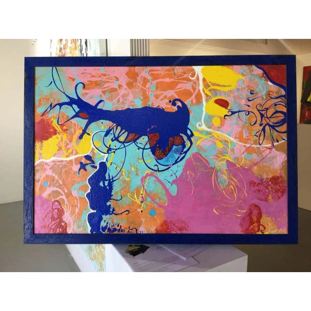 Oil and Acrylic on Board (colors: cobalt blue orange Pink, hot pink) art is 26.75 x 40, with frame included size is 29.5 x...