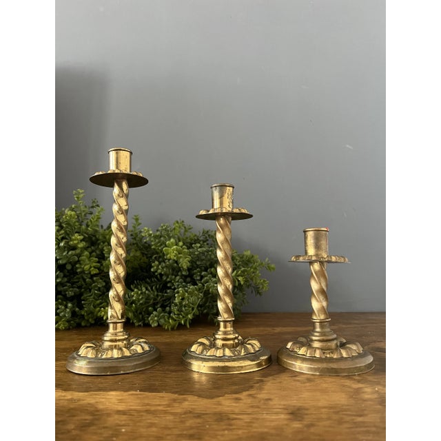 Set of 3 Antique Brass Candle Holder For Sale - Image 10 of 12