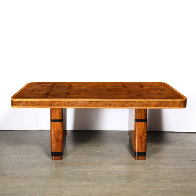 Art Deco Streamlined Book-Matched & Burled Walnut W/ Black Lacquer Dining Table For Sale - Image 10 of 18