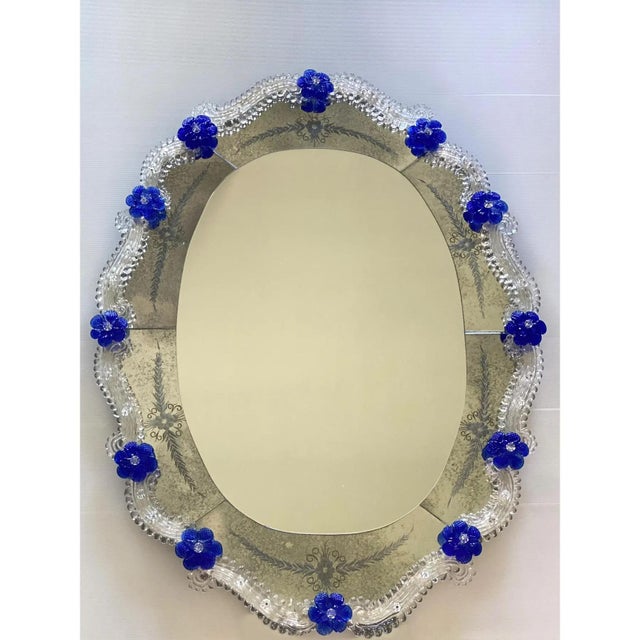 Early 21st Century Hand-Carved Venetian Oval Mirror in Murano Glass Style, Early 21st Century For Sale - Image 5 of 13