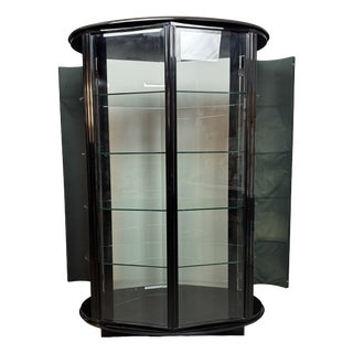 Mid-Century Italian Glass Display Cabinet with White Leather Doors in Black Wooden Frame by Rossi Di Albizatte, Italy, 1970s For Sale