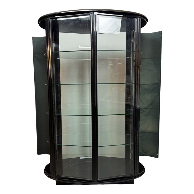 Mid-Century Italian Glass Display Cabinet with White Leather Doors in Black Wooden Frame by Rossi Di Albizatte, Italy, 1970s For Sale
