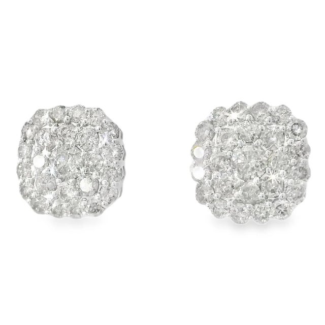 Traditional 14K White Gold Pave Diamond Stud Earrings Estate For Sale - Image 3 of 3