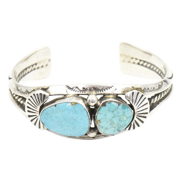 Late 20th Century Southwestern Navajo Turquoise and Sterling Silver Cuff Bracelet by Delbert Chatter For Sale