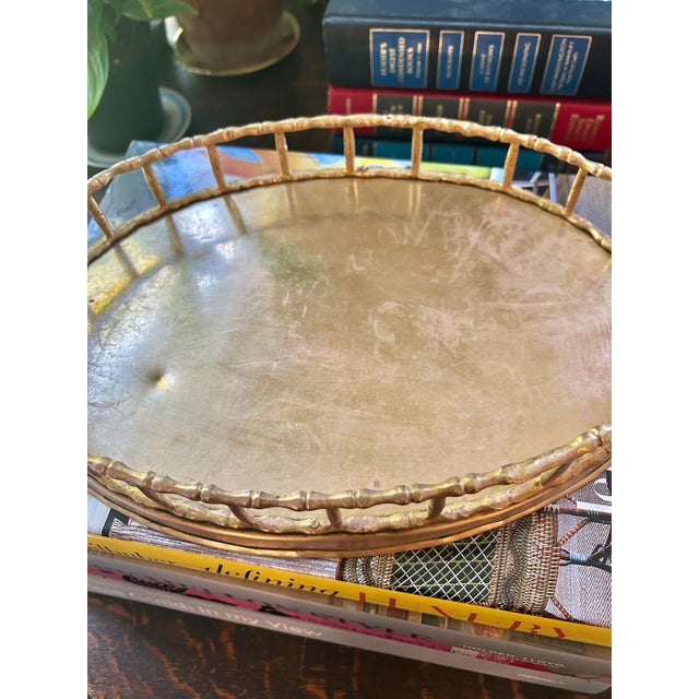 Mid 20th Century Vintage Brass Faux Bamboo Chinoiserie 12” Oval Gallery Tray For Sale - Image 5 of 8