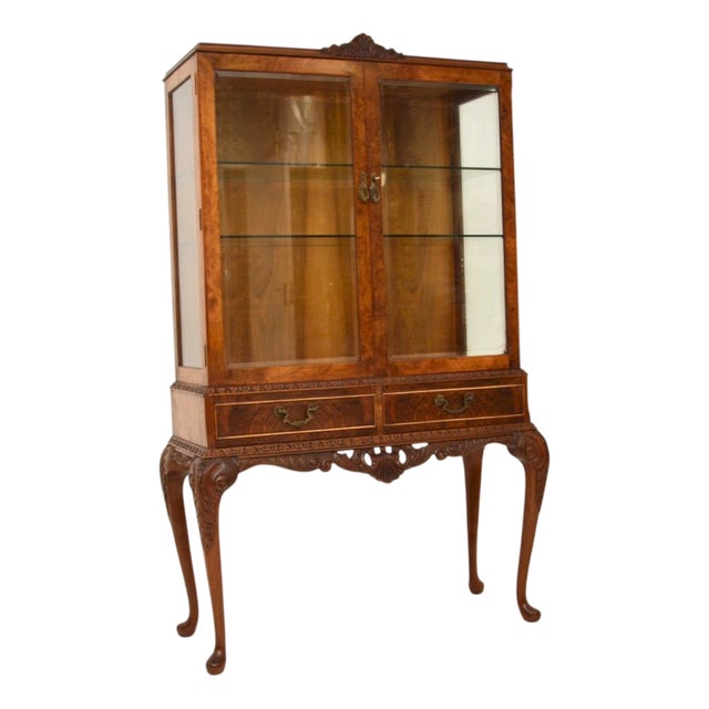 Queen Anne Burr Walnut Display Cabinet, 1930s For Sale