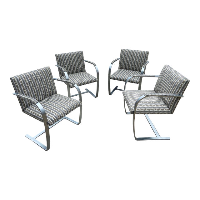 2003 Set of 4 Mies Van Der Rohe for Knoll Flat Bar Brno Arm Chairs Grid Fabric Pattern For Sale