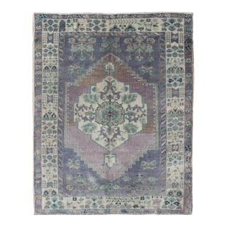 Purple and Teal Vintage Turkish Oushak Rug With Floral Layered Medallion Design For Sale