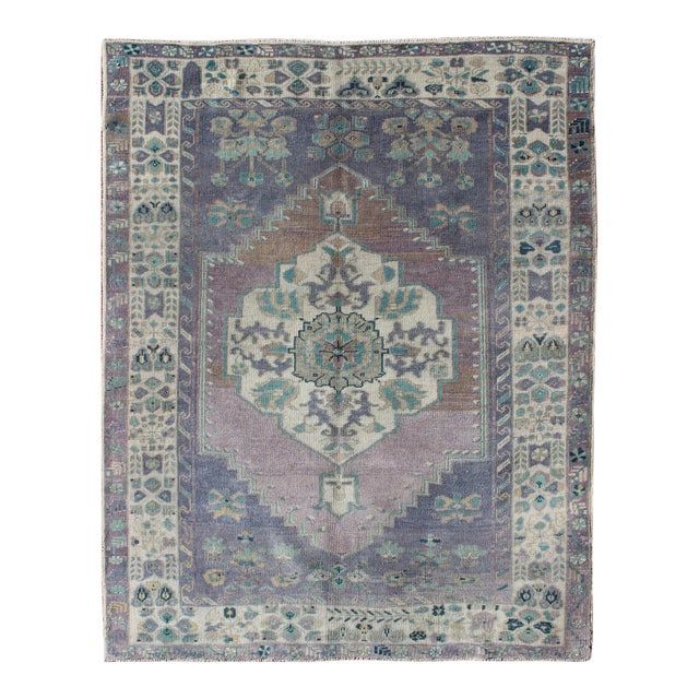 Purple and Teal Vintage Turkish Oushak Rug With Floral Layered Medallion Design For Sale