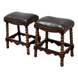 Ambella Home Collection Barley Twist Leather Stools, Pair For Sale