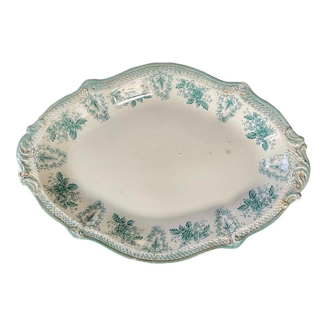 Antique Wh Grindley Teal Green and White English Platter For Sale