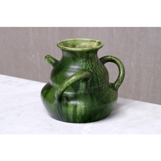 Belgian Art Nouveau Sculptural Green Glazed Tri-Handled Vase, 1910s For Sale - Image 3 of 11