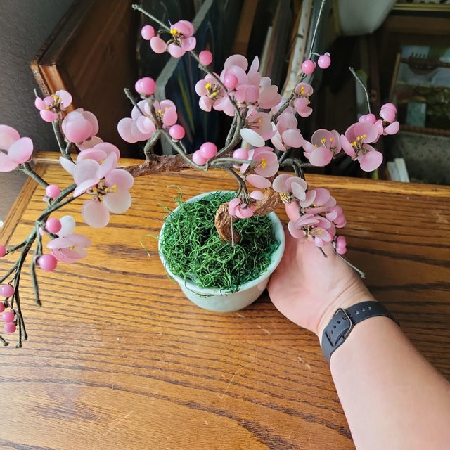 Mid-Century Modern VTG Glass Pink Cherry Blossom Flowers Leaves Bonsai Tree 12" Tall 4.5" Round MCM For Sale - Image 3 of 16