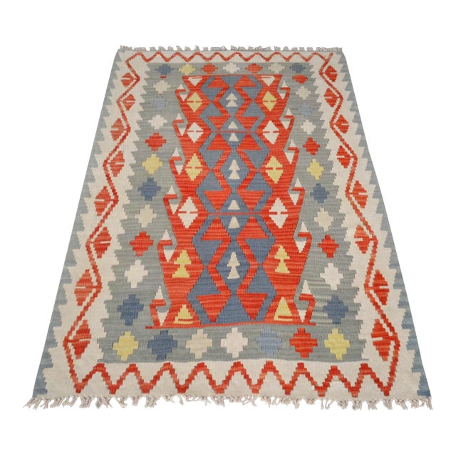 Vintage Turkish Kilims: Handwoven Geometric Flat Weave Rug - 3′6″ X 5′9″ For Sale