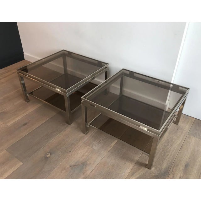 Brushed Steel Side Tables with Smoked Glass by Guy Lefèvre - A Pair For Sale - Image 12 of 13