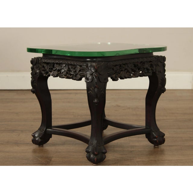 Wood Antique Asian Ornate Carved Tabouret Side Table with Glass Top For Sale - Image 7 of 13