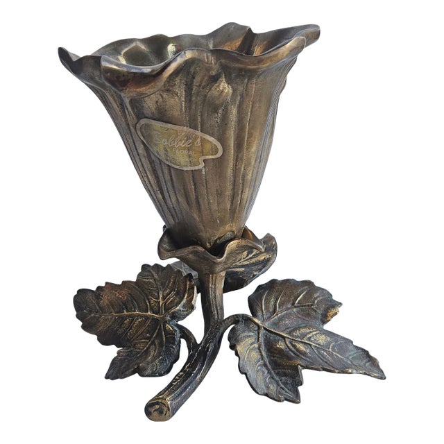 Vintage Mid 20th Century Brass Morning Glory Shaped Flower Vase Made in Hong Kong For Sale