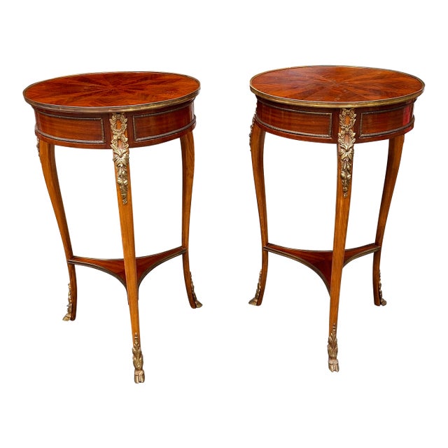 Pair Louis XV Style Gilt Metal Mounted Parquetry Mahogany Side Tables For Sale