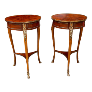 Pair Louis XV Style Gilt Metal Mounted Parquetry Mahogany Side Tables