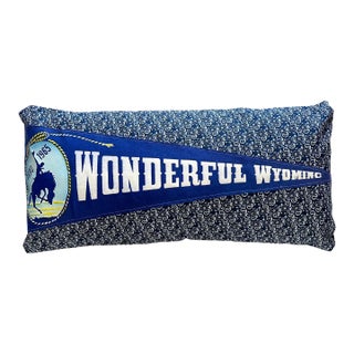 Wyoming Vintage 1960's Pennant on New Woven Blue Paisley Large Throw Pillow For Sale