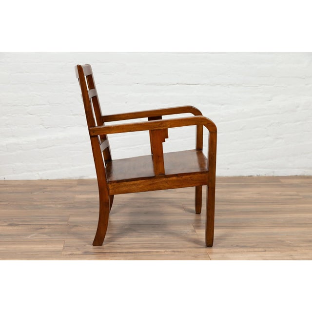 Brown 1950s Chinese Art Deco Elmwood Pierced Back & Curving Arms Armchair For Sale - Image 8 of 11