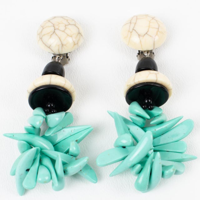 Contemporary Angela Caputi Faux Marble and Turquoise Resin Clip Earrings - 2 Pieces For Sale - Image 3 of 5