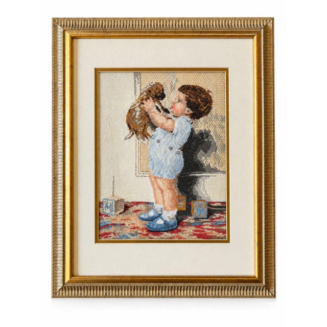 Vintage Set of 2 Framed Needlepoint Art Child & Dog Gold Frames Cottagecore 20.5x17" For Sale - Image 4 of 9