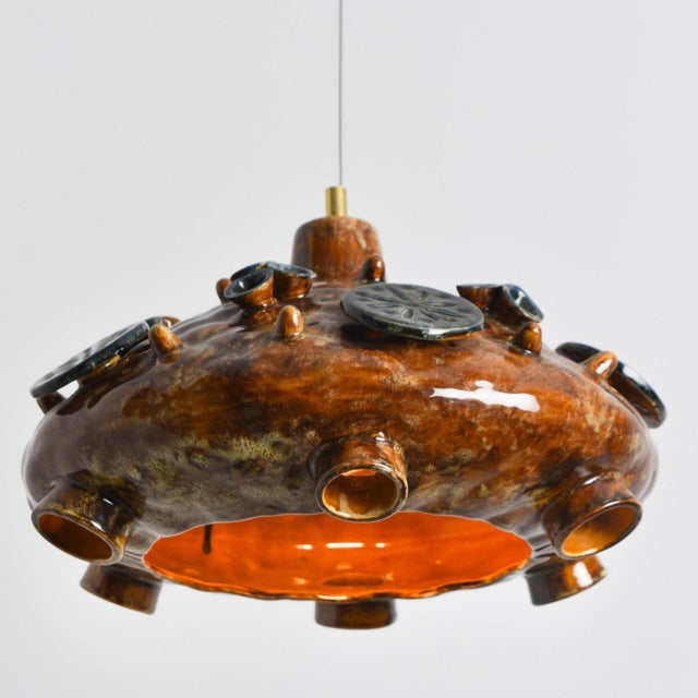 Ceramic Cognac Blue Ceramic Pendant Light, Denmark, 1970 For Sale - Image 4 of 16