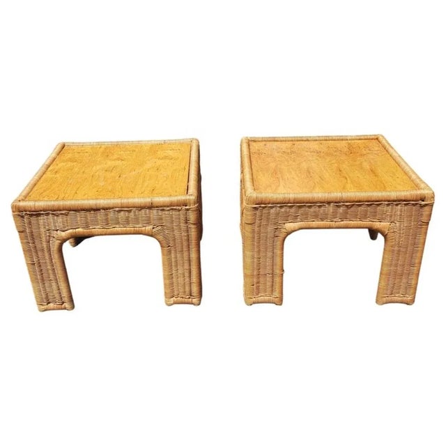 Wood Pair of Vintage Woven Wicker and Wood Top Side Tables by Thomasville For Sale - Image 7 of 7