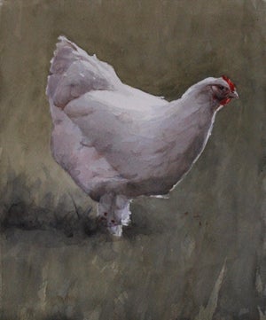 Packed With Personality by Mo Myra | Watercolor on Paper of a white chicken