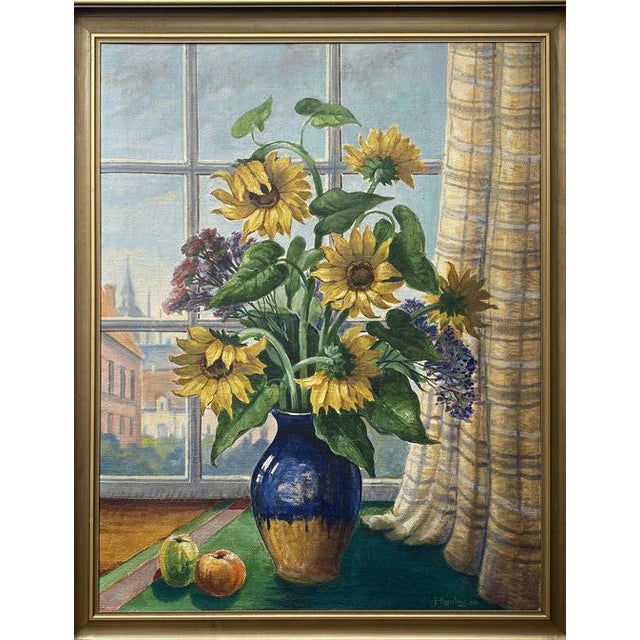 F. Augustinus, Still Life of Sunflowers in Vase Next to Window, 1947, Oil on Canvas, Framed For Sale - Image 17 of 17
