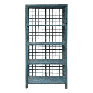 Distressed Teal Blue Green Grid Style Back Side Bookcase Display Cabinet For Sale
