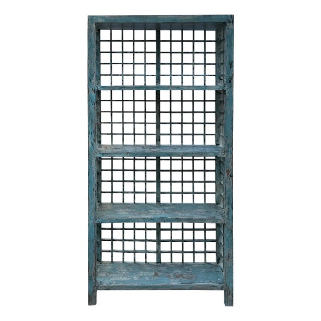 Distressed Teal Blue Green Grid Style Back Side Bookcase Display Cabinet For Sale