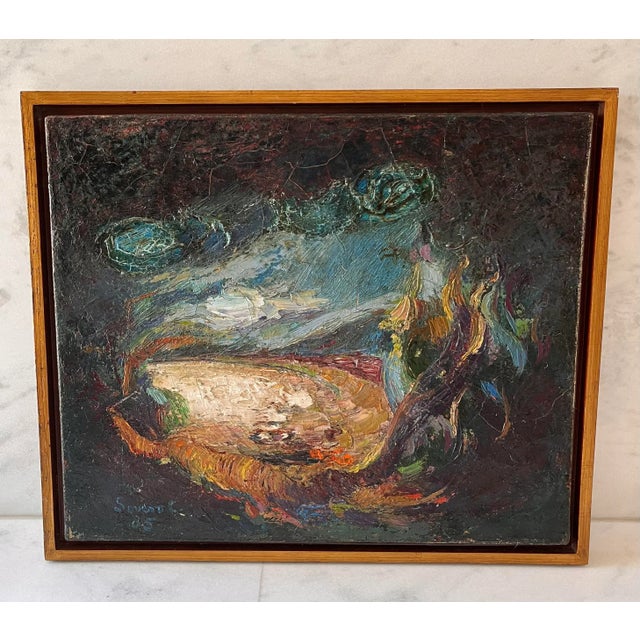 Vintage framed oil painting on canvas. Abstract composition, signed lower left "Sovero C 85" (Fernando Sovero Cuyubama,...