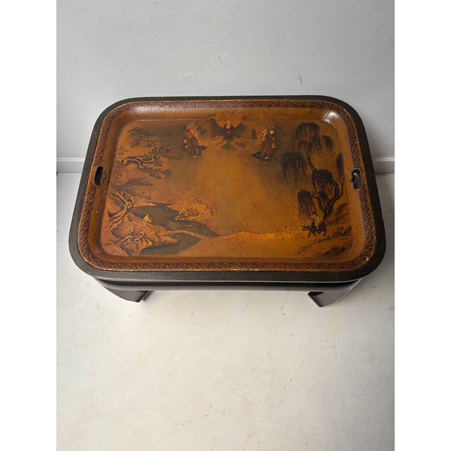Chinese Antique Painted Metal Tray on Stand Depicting a Chinese Ceremonial Landscape For Sale - Image 3 of 10