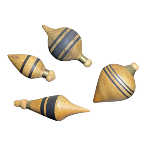 Set of 4 Antique Striped Wood & Brass Spinning Tops