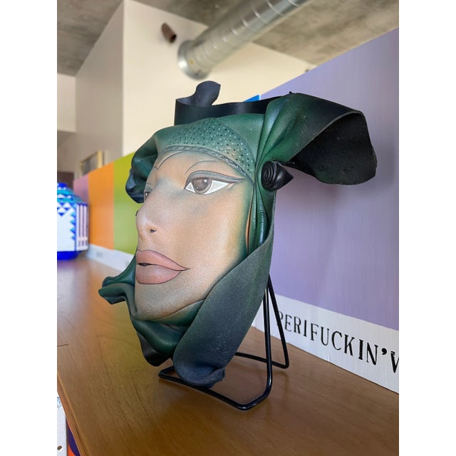1990s Vintage Doug Gibson Signed Hand Formed Painted Leather Face Sculpture Postmodern Wall Mask For Sale - Image 5 of 11