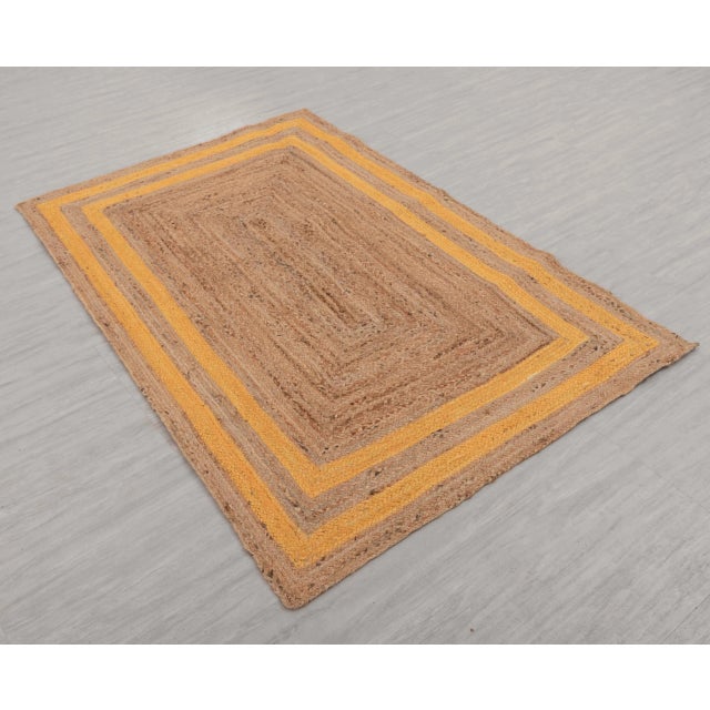 Gold 5'x7' Orangish Yellow Jute Braided Rectangle Boho Chic Rug For Sale - Image 8 of 13