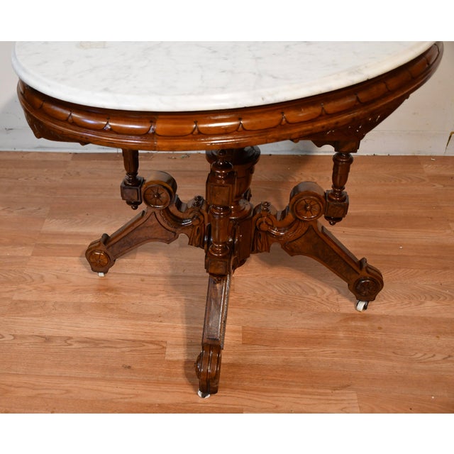 1880s Antique Victorian Renaissance Revival Walnut & Marble Top Center Table For Sale - Image 18 of 18