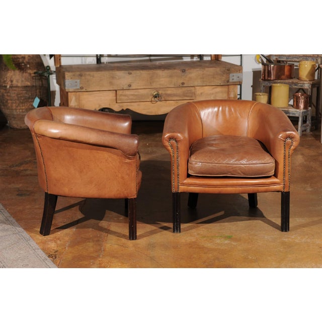 Italian Vintage Caramel Leather Club Chairs With Cushion And Nailheads A Pair Chairish