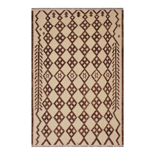 Contemporary Ivory/Brown Hand-Woven Kilim Wool Rug - 5'11 X 8'4 For Sale