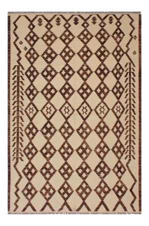 Contemporary Ivory/Brown Hand-Woven Kilim Wool Rug - 5'11 X 8'4