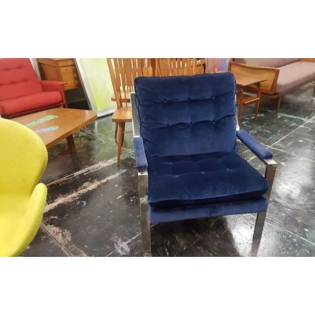 Blue Vintage 1970s Chrome Blue Velvet Lounge Chair in the Style of Cy Mann Milo Baughman For Sale - Image 8 of 10