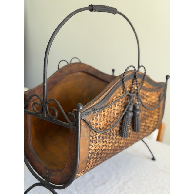 Wood Vintage Wicker and Iron Storage Basket, Sculptural Magazine Rack With Tassel Detail, 18” H X 16” W For Sale - Image 7 of 10