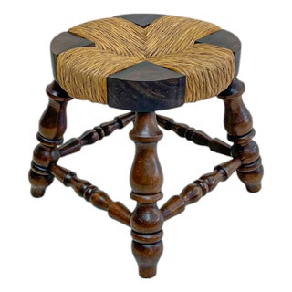 Vintage French Low Beech and Rush Stool, 1970s For Sale